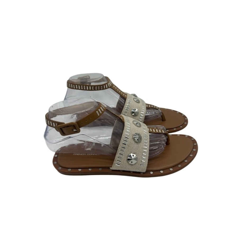French Connection Studded Sandals Thong Ankle Strap Casual Beige Size 8.5 M